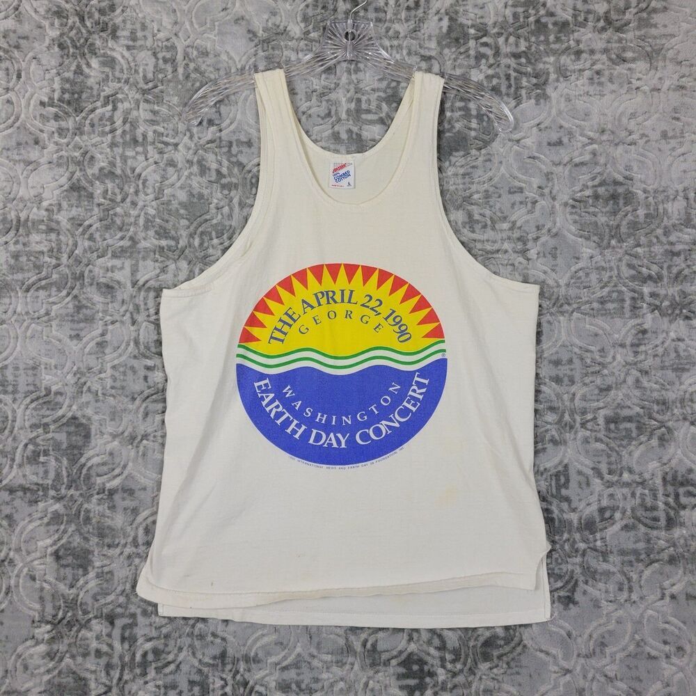 Vintage Earth Day Concert Shirt Men's Large White Tank Top 1990 90's Distressed